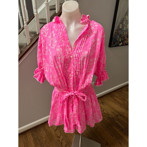 Juliet Dunn Scalloped Blouson Cotton Mini Dress Washed Orchid Floral Print 0 - Picture 2 of 6